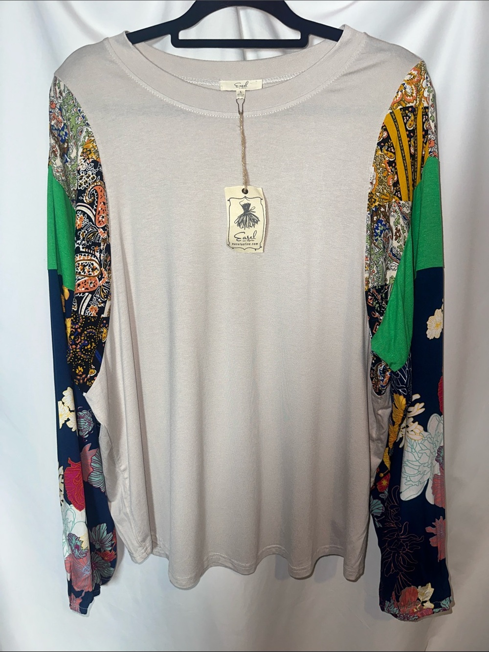 easel Beige Crewneck Long-Sleeve Top with Green & Navy Mixed-Print Sleeves